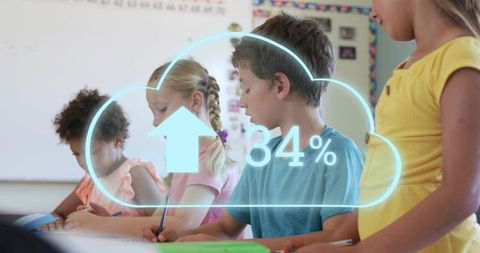 Diverse elementary students writing together in classroom with cloud progress 34% overlay