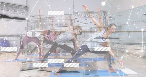 Group yoga practicing side stretch on blue mats with augmented reality fitness overlay
