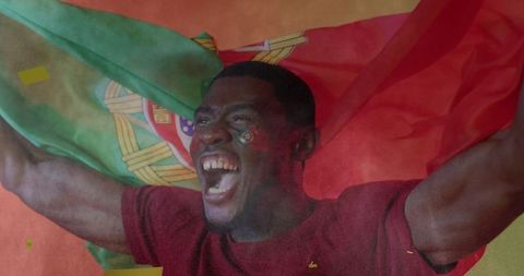 Passionate Fan Celebrating Portugal Victory with Flag