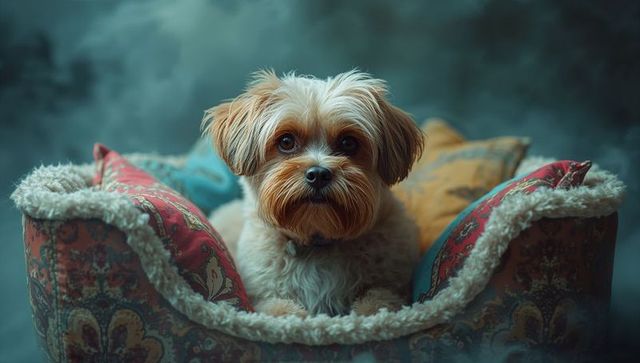 Fluffy dog relaxing in luxury bed with ornate pillows