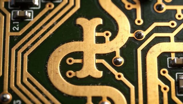 Macro gold-plated curved pcb traces with vias and solder joints, high-tech circuit closeup