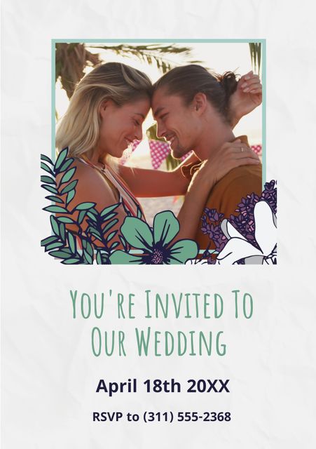 Romantic Wedding Invitation with Floral Designs and Smiling Couple - Download Free Stock Templates Pikwizard.com