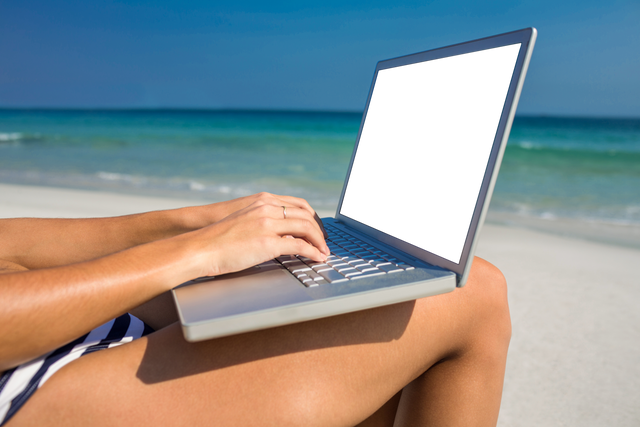 Transparent Laptop Screen and Woman Using Computer on Beach Holiday - Download Free Stock Videos Pikwizard.com