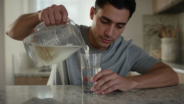 Young man pouring water into glass on sunlit granite countertop leaning over pitcher