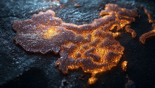 Glowing Digital Map of China in Metallic Spheres Landscape