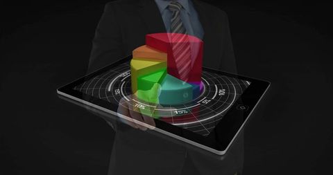 Professional holding tablet displaying 3d pie chart visualization