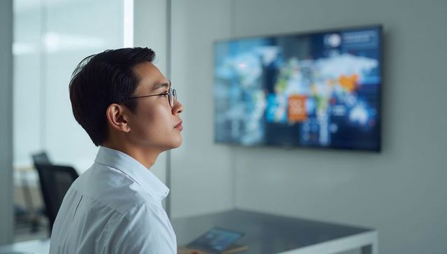 Asian professional analyzing global data dashboard on office screen with tablet