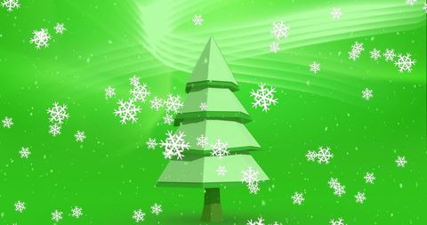 Christmas Tree with Falling Snowflakes on Lush Green Background