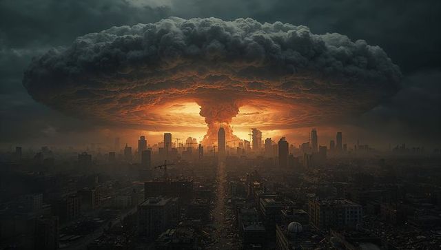 Apocalyptic Skyline with Gigantic Mushroom Cloud at Dusk