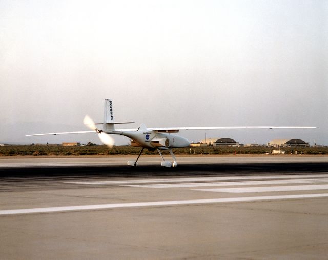 The Perseus B remotely piloted aircraft on the runway at Edwards Air Force Base, California at the conclusion of a development flight at NASA's Dryden flight Research Center. The Perseus B is the latest of three versions of the Perseus design developed by Aurora Flight Sciences under NASA's Environmental Research Aircraft and Sensor Technology (ERAST) program.