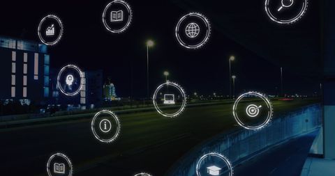 Night Road with Falling Icons Representing Education and Technology - Download Free Stock Images Pikwizard.com