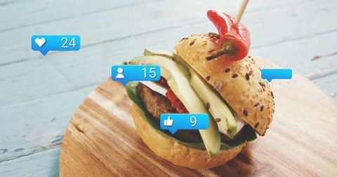 Gourmet Burger Imbued with Digital Social Media Icons Amplification