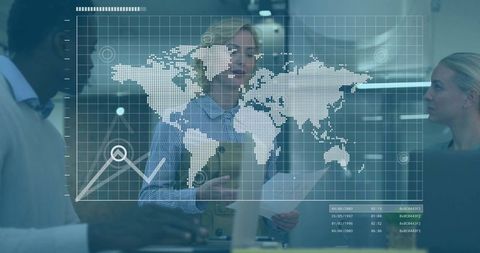 Business Team Analyzing Global Market Data with Digital Map Overlay