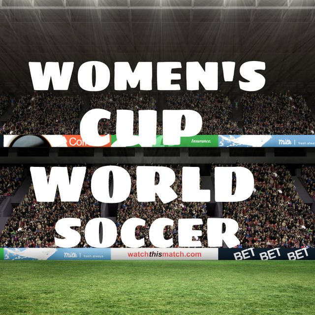 Image shows a packed stadium advertising Women's Soccer World Cup with bold text. Ideal for promoting women's soccer events, sports channels, online streaming services, fan engagement campaigns, or international sports tournaments. Great for illustrating the excitement and energy of a live match with a large, supportive audience.