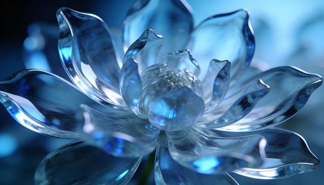 Crystal blue lotus macro - translucent glass sculpture with reflections and teal highlights