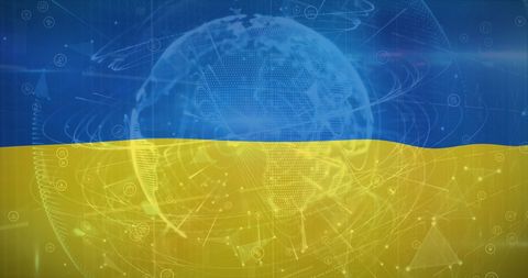 Digital Connectivity Overlaid on Ukrainian Flag Symbolizing Global Network