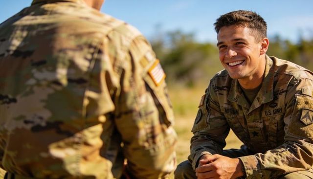 Smiling us army soldier kneeling in meadow talking with comrade showing flag patch