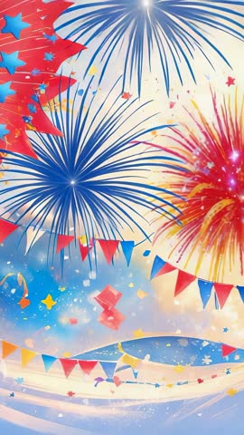 Vertical Festive Fireworks Video Showing Red Blue Bursts, Bunting, Confetti, Sparkling Stars