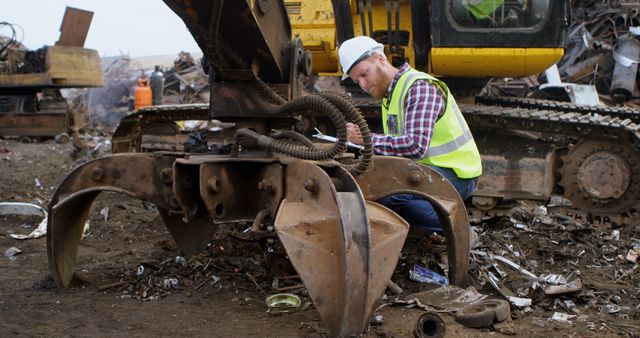 Caucasian male worker with clipboard by bulldozer in scrap yard with waste and copy space. Global waste management, wasteland and rubbish.
