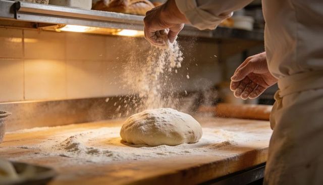 Baker hands sprinkling flour over round dough on wooden counter, dusting artisanal loaf
