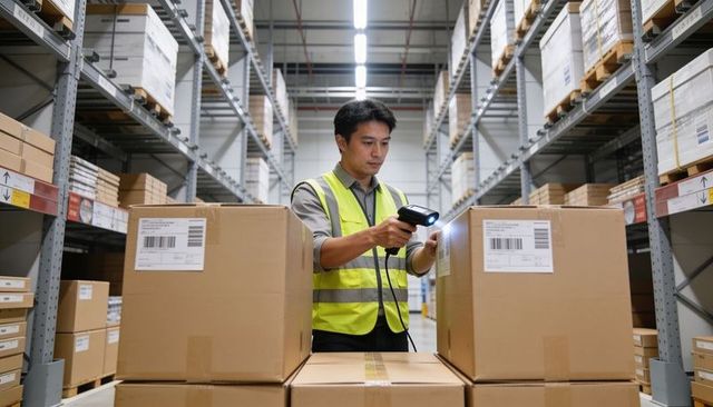 Warehouse worker scanning barcodes on parcels in organized fulfillment center aisle
