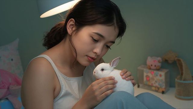 Young woman cradling white rabbit under warm bedside lamp, cozy serene bedtime moment