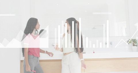 Two friends talking and brushing teeth at modern bathroom vanity with data overlay