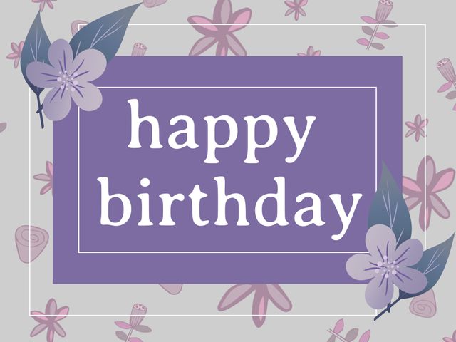 Perfect for sending birthday wishes during spring events or to celebrate Mother's Day. The elegant and feminine design with purple flowers and leaves creates a beautiful and nature-inspired theme. Ideal for both personal and professional use in various greeting card projects and digital invitations.