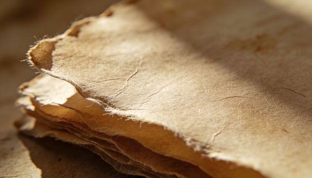 Handmade deckled-edge paper stack showing natural fibers and warm tonal texture