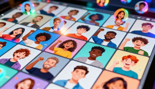 Vibrant rounded avatar grid featuring diverse casual avatars for social app interface