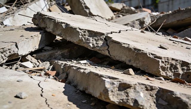 Sunlit broken reinforced concrete slabs with exposed rebar in urban demolition rubble