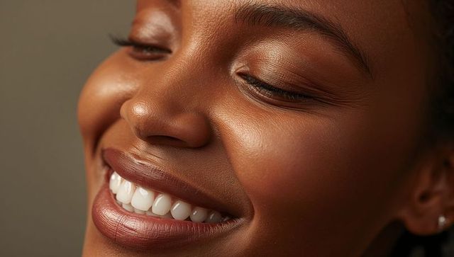 Smiling woman closing eyes, showing radiant white teeth and glowing skin in warm portrait