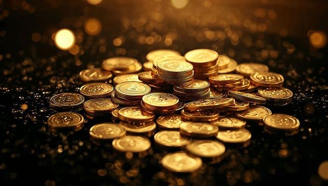 Stacked bitcoin tokens piled on glossy black surface with gold glitter bokeh lights