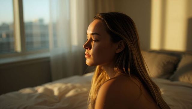 Sunlit morning portrait: woman sitting bare-shouldered on bed embracing quiet solitude