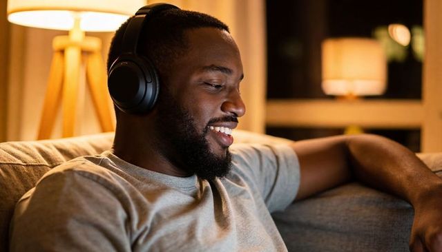 Smiling man reclining on couch wearing over-ear headphones in warmly lit living room