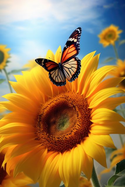 Monarch butterfly perching on a vibrant yellow sunflower with other sunflowers blurred in the background. Best used for illustrating themes of nature, summer, pollination, and the beauty of wildlife. Perfect for posters, gardening blogs, environmental awareness, and nature-themed designs.