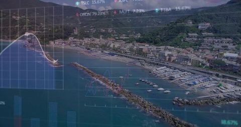 Aerial coastal marina featuring rocky jetty, yachts, docks and financial data overlay