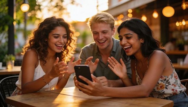 Friends sharing laughter over smartphone on outdoor cafe patio during golden hour