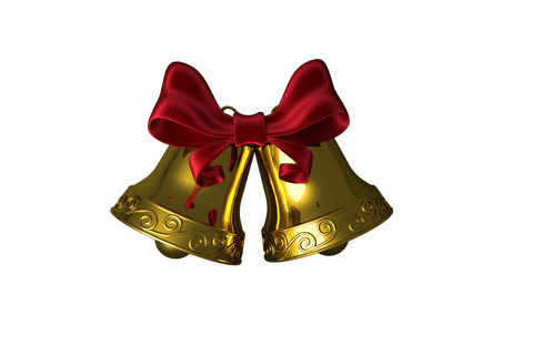 Golden christmas bells with red ribbon on transparent background