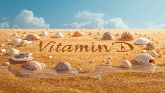 Sun-kissed vitamin d script written in golden sand with seashells and tidal puddles