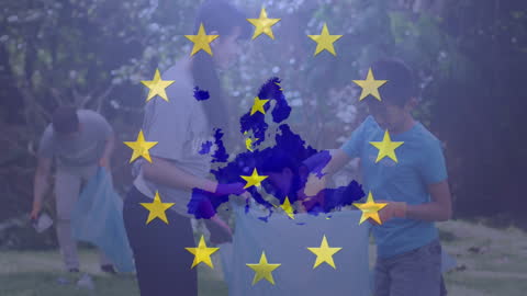 European Union Flag Overlay on Forest Cleanup