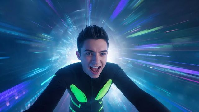 Young man racing through neon light tunnel wearing futuristic green-accented suit