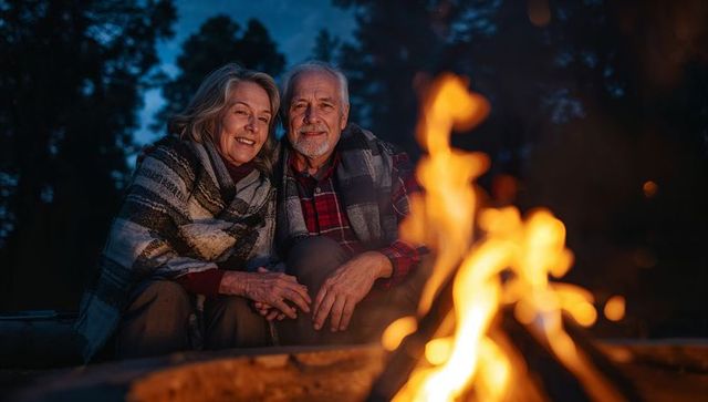 Senior couple holding hands by campfire at dusk wrapped in blanket, cozy evening outdoors