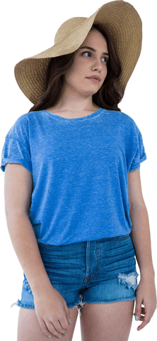 Transparent Woman in Summer Hat and Denim Shorts Posing Outdoors