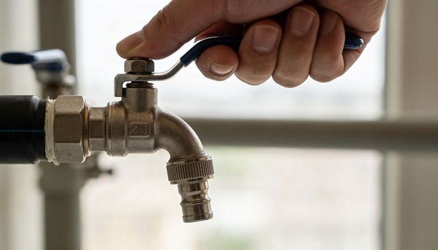 Right hand turning blue-lever faucet with hose connector closeup for plumbing repair diy