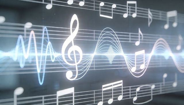Holographic treble clef and waveform streaming across futuristic neon music display