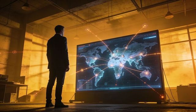 Executive studying global cyber network on illuminated world map screen in industrial loft