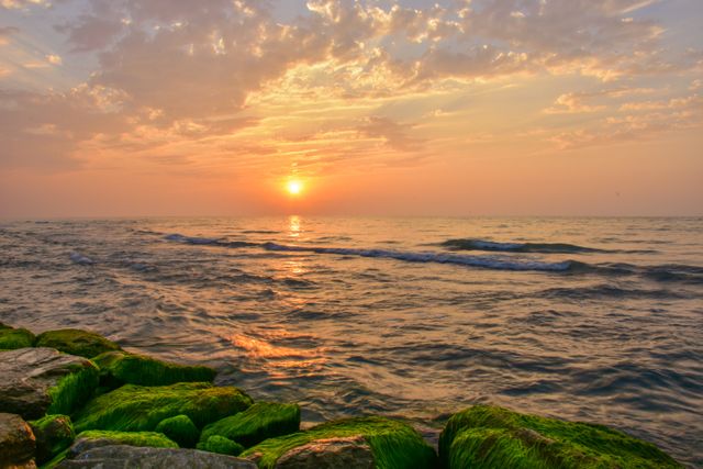 Vibrant sunset casting a warm glow over a calm sea with golden sky and waves gently lapping against moss-covered rocks. Use for travel blogs, nature advertisements, calming desktop backgrounds, and inspirational posters.