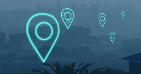 Digital location icons hovering over foggy cityscape