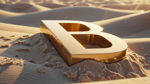 Shining gold letter b on desert dunes at sunset
